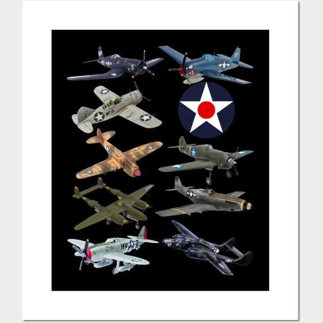 WW2 American Fighters F4U Corsair P-51 Mustang P-40 Warhawk Wall Art by F&L Design Co.